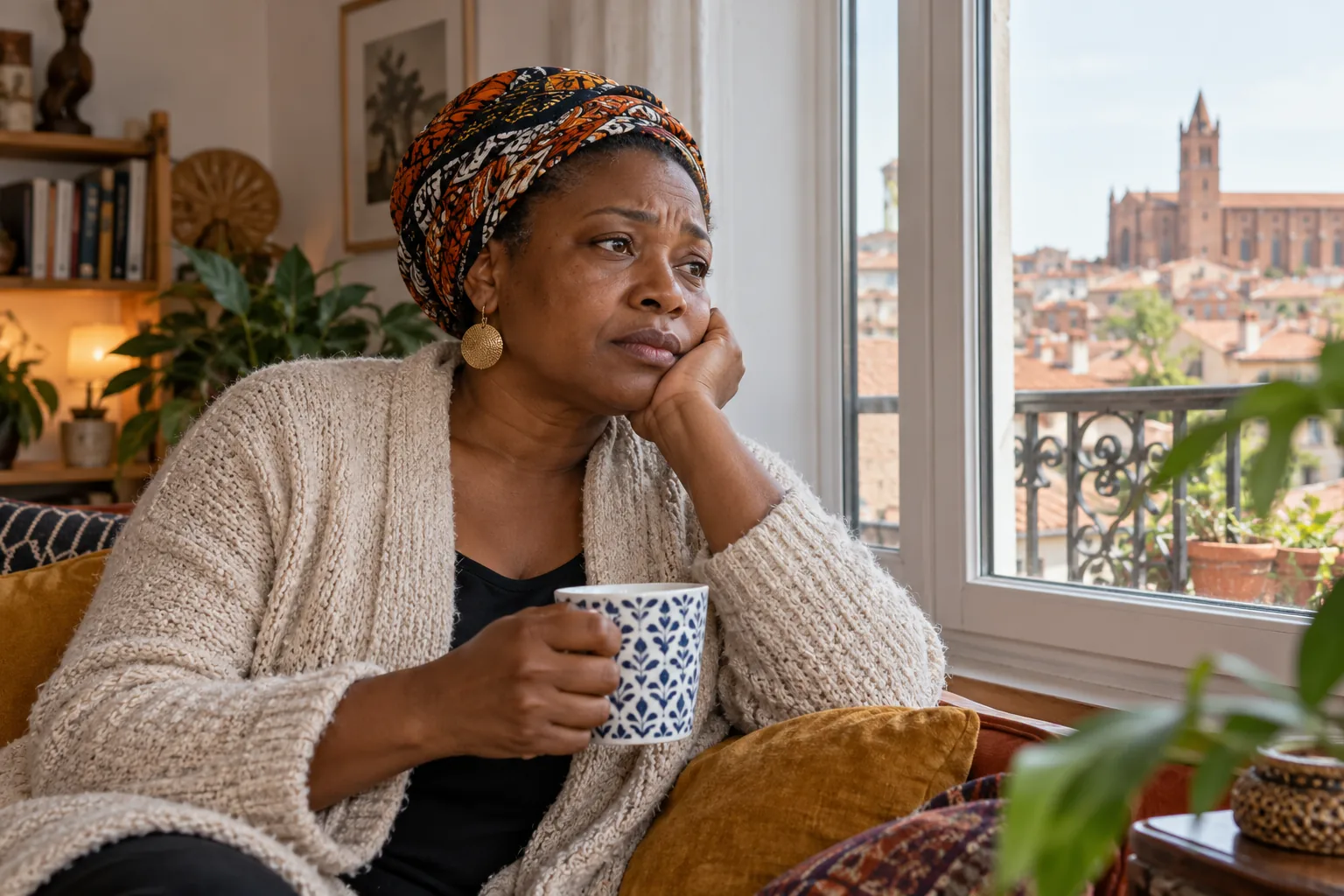 Une femme préoccupée assise près de sa fenêtre, une tasse à la main.