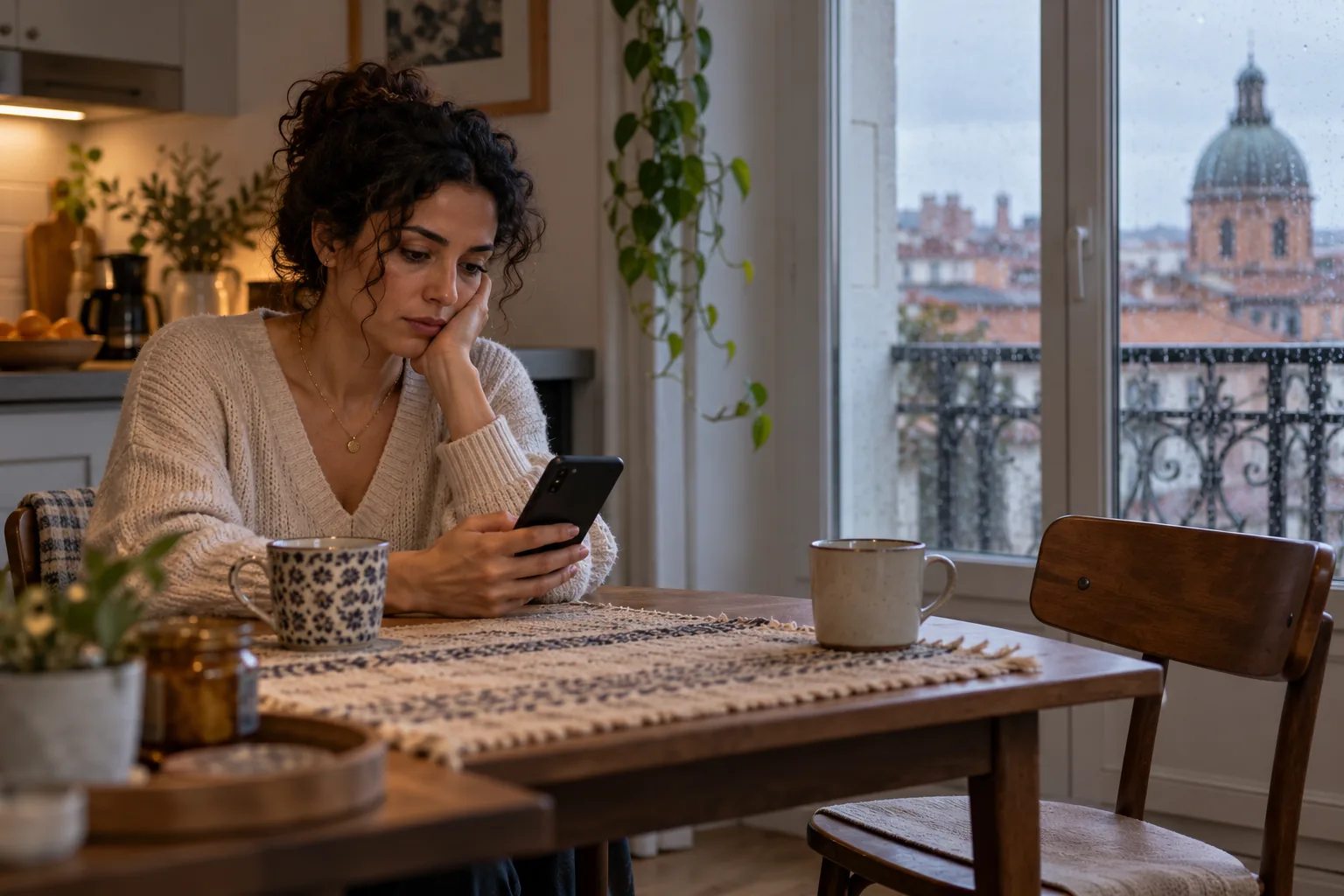 Une femme seule regarde son téléphone après une rupture.